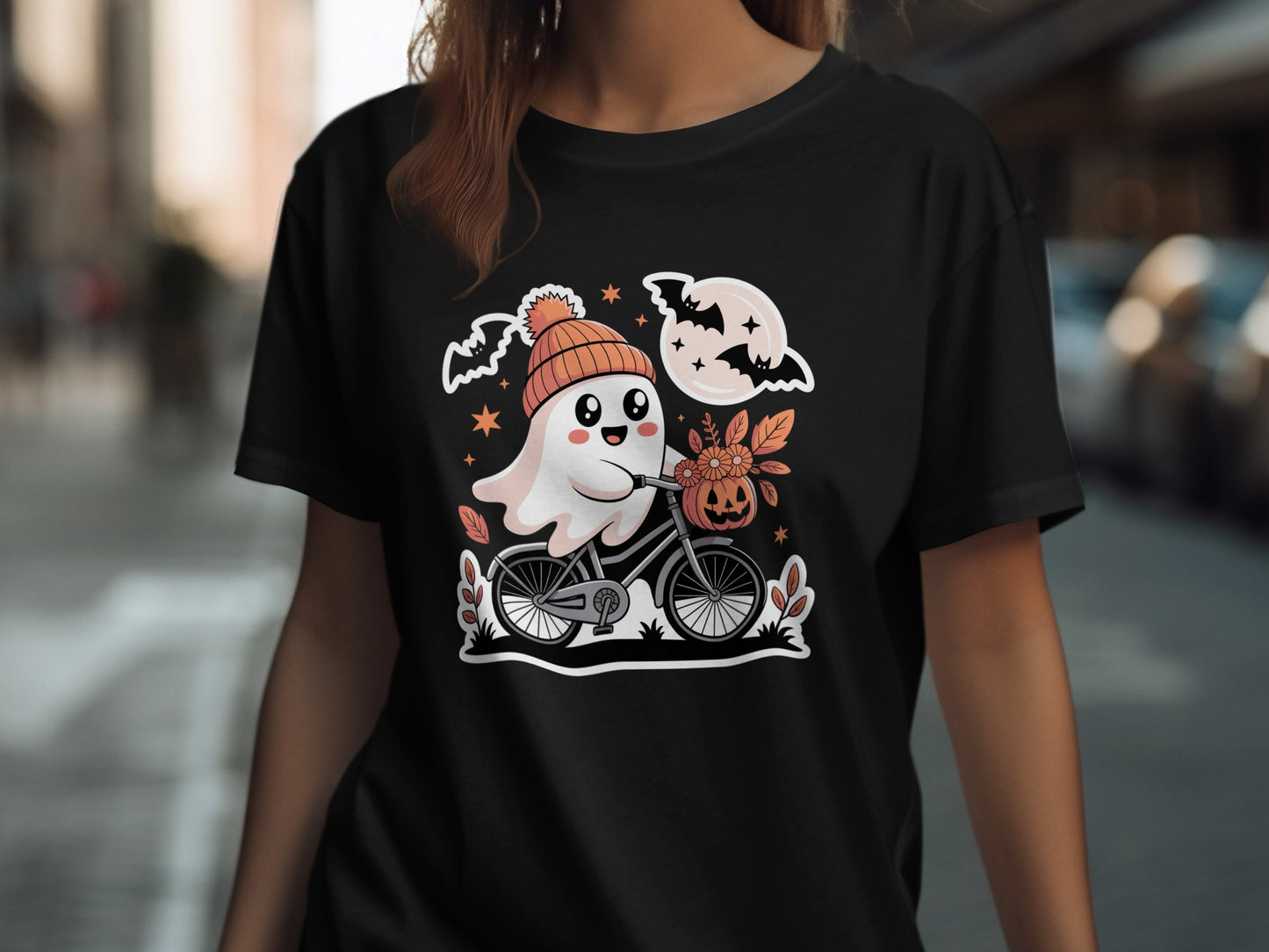 Cute Halloween Ghost Riding Bicycle T-Shirt product type