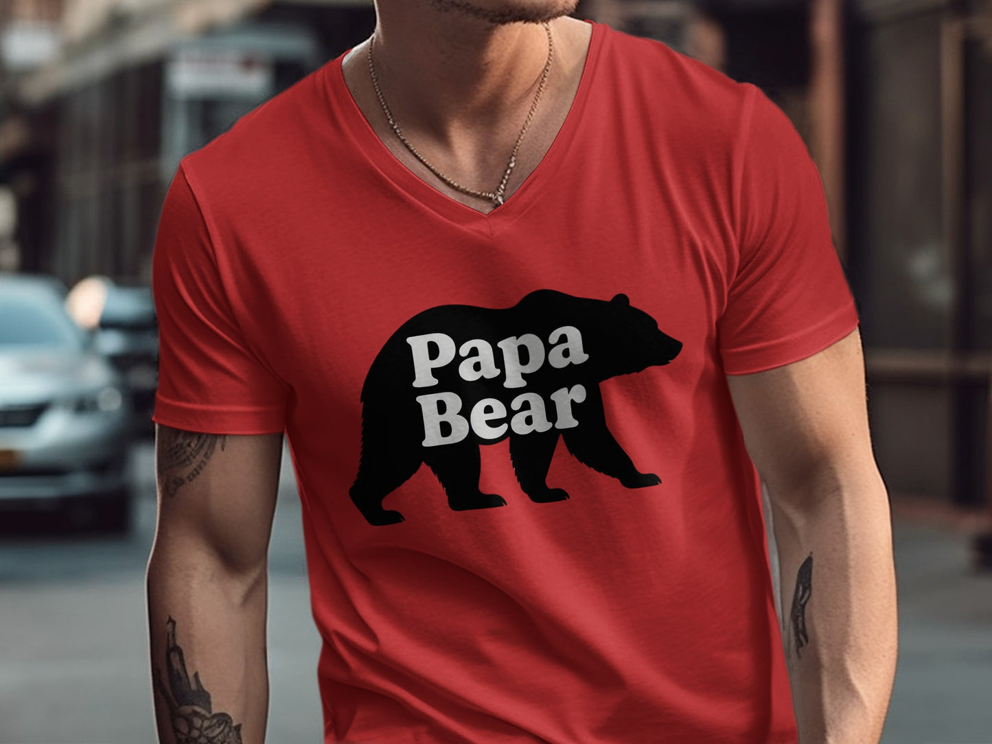 Papa Bear Graphic Design on Red V Neck Shirt product