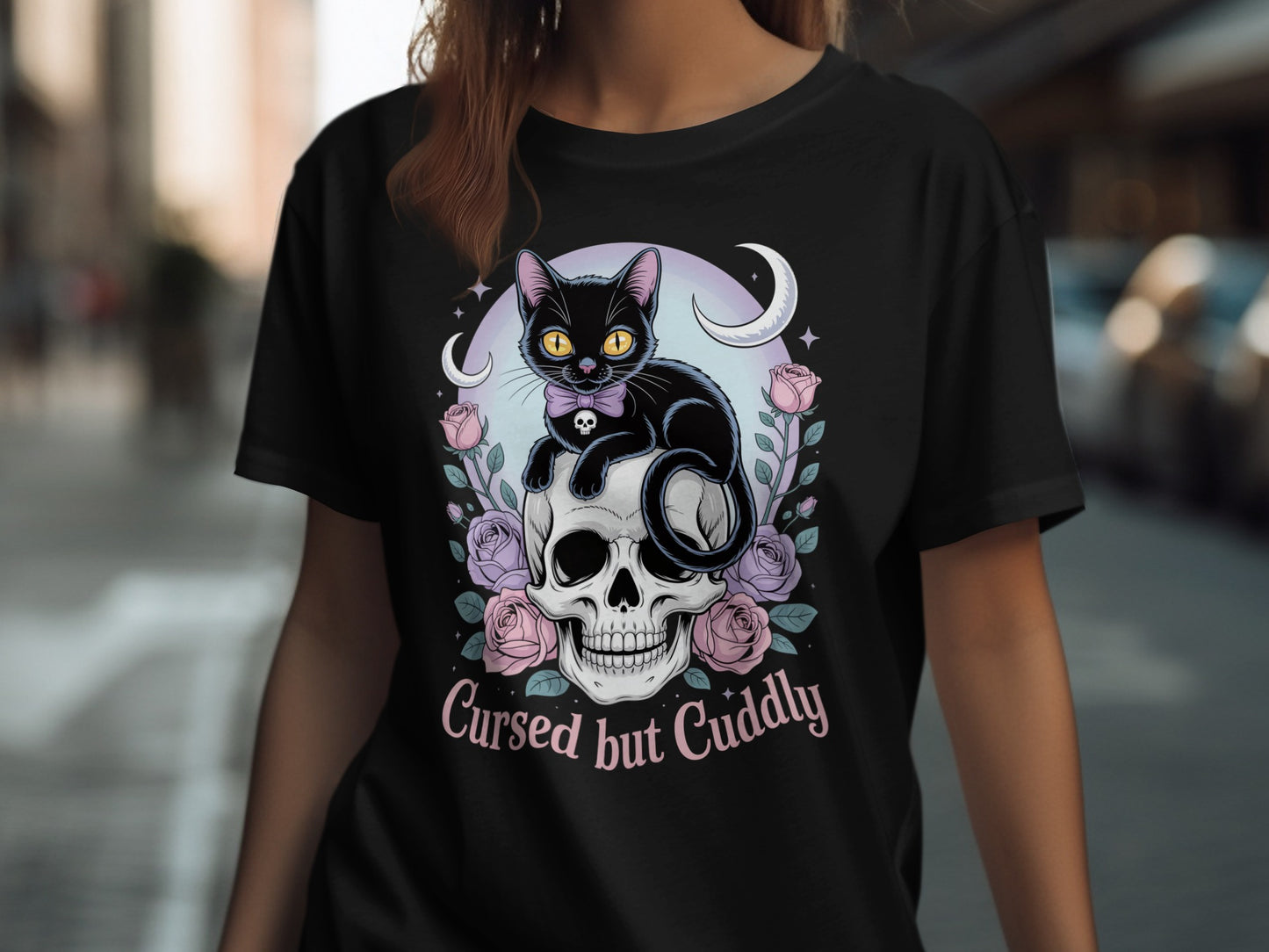 Cursed but Cuddly Black Cat and Skull Graphic T-shirt