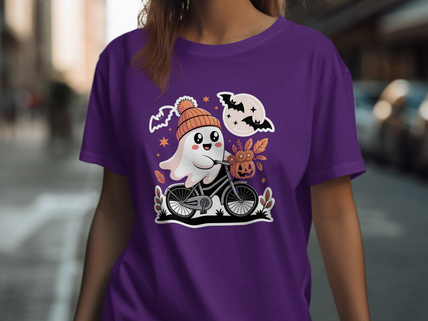 Cute Halloween Ghost on Bicycle Purple Shirt product type