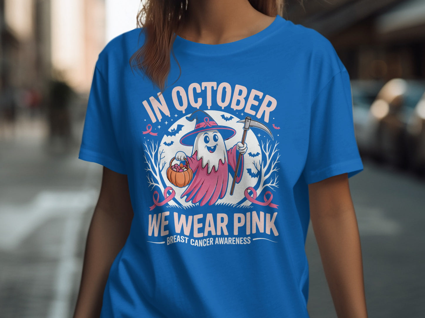 Ghost with Pumpkin and Pink Text T-shirt product