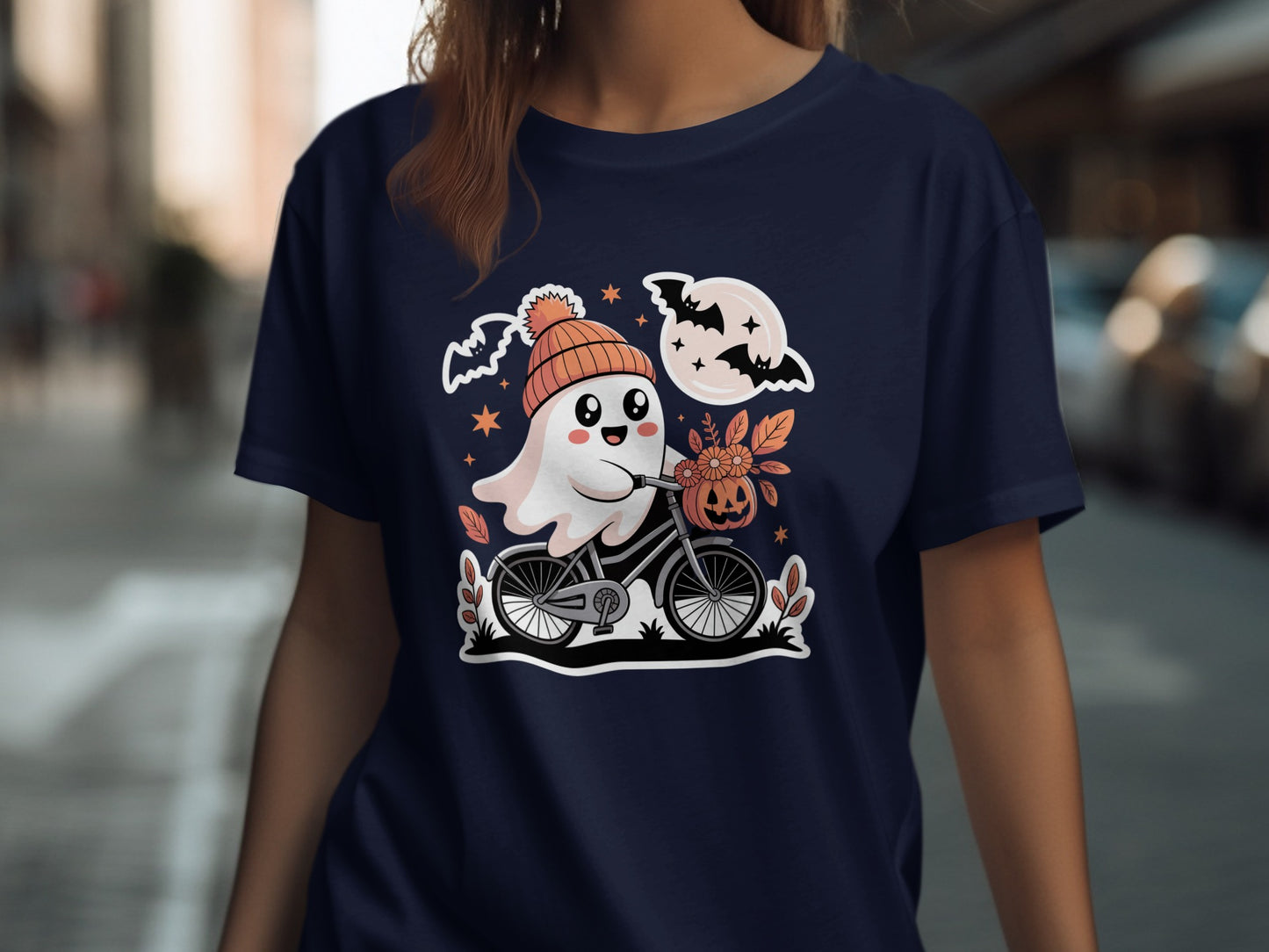 Spooky Halloween Ghost on Bicycle Design T-Shirt product type