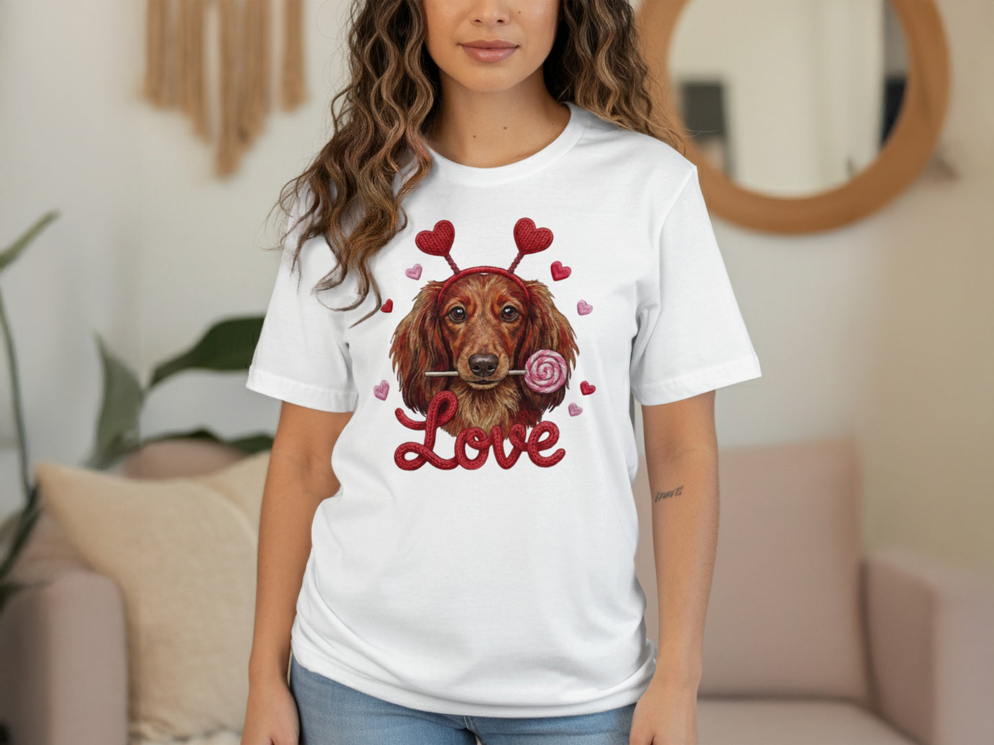 Valentine Dachshund T-Shirt, Love Dog Shirt, Puppy with Hearts, Sweet Candy Tee, Cute Pet Apparel, Dog Lover Gift, Valentine Gift
