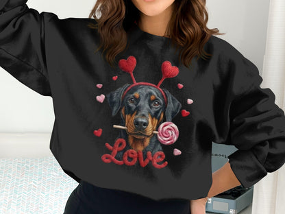 Valentine Doberman Pinscher T-Shirt, Love Dog Tee, Heart Headband Puppy Shirt, Valentines Day Gift, Cute Pet Lover Apparel, Rottweiler Gifts