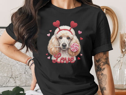 Valentine Poodle T-Shirt, Cute Dog Tee, Love Heart Headband, Candy Gift, Unique Dog Lover T-Shirt, Valentine's Day Gift T-Shirt