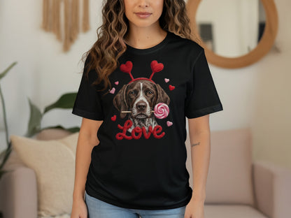Valentine German Shorthaired Pointer T-Shirt, Heart Antler, Love Lollipop, Cute Puppy Tee, Valentine's Day Gift Dog Lover