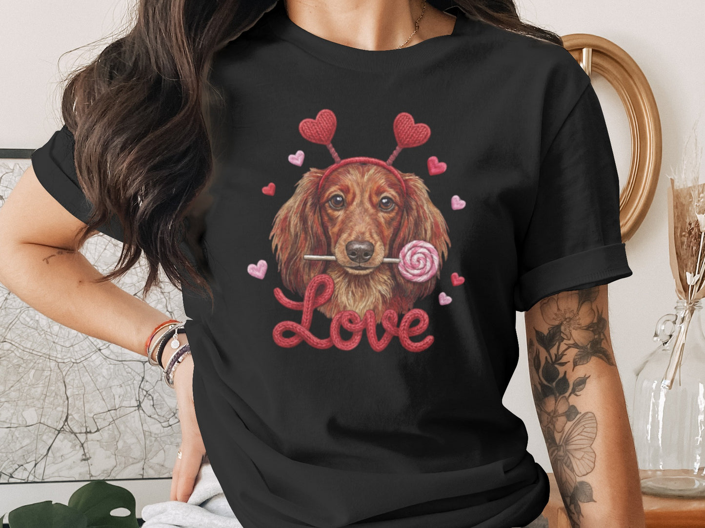 Valentine Dachshund T-Shirt, Love Dog Shirt, Puppy with Hearts, Sweet Candy Tee, Cute Pet Apparel, Dog Lover Gift, Valentine Gift