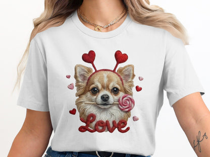 Chihuahua Valentine T Shirt, Cute Dog with Hearts Tee, Puppy Lollipop Love T-Shirt, Valentine Gift, Trendy Gift T-Shirt