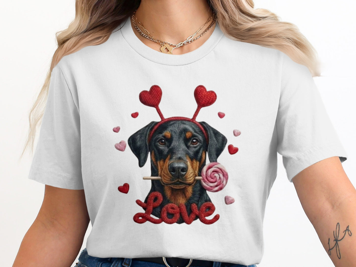 Valentine Doberman Pinscher T-Shirt, Love Dog Tee, Heart Headband Puppy Shirt, Valentines Day Gift, Cute Pet Lover Apparel, Rottweiler Gifts
