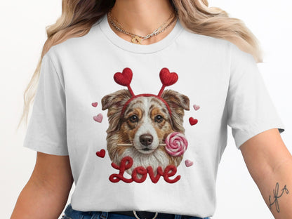 Valentine Australian Shepherd T Shirt, Cute Dog Tee, Heart Headband Dog, Love Lollipop Shirt, Pet Lover Gift, Dog Lover Gift, Puppy T-Shirt