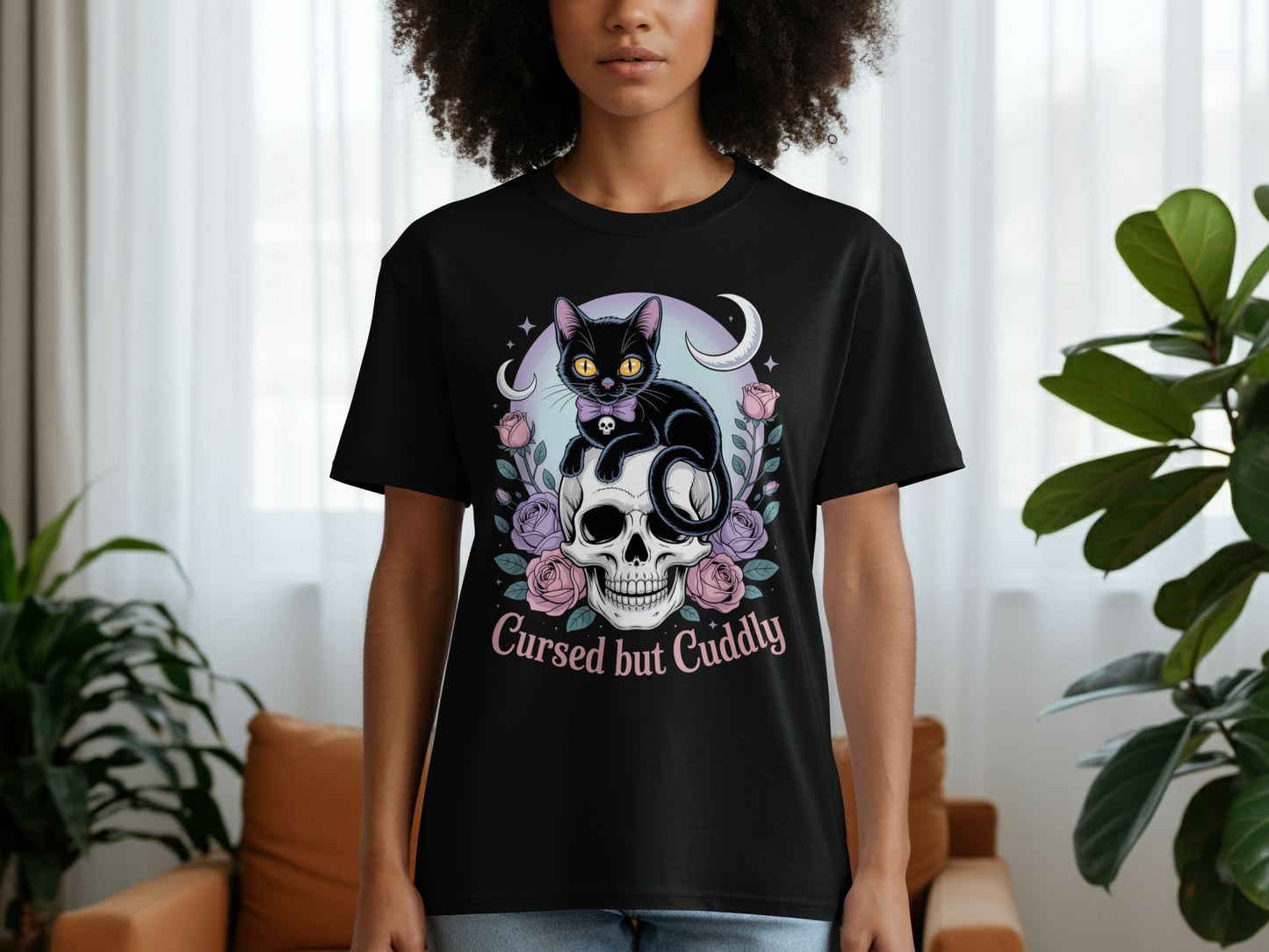 Cursed but Cuddly Skull and Cat Graphic T-Shirt product