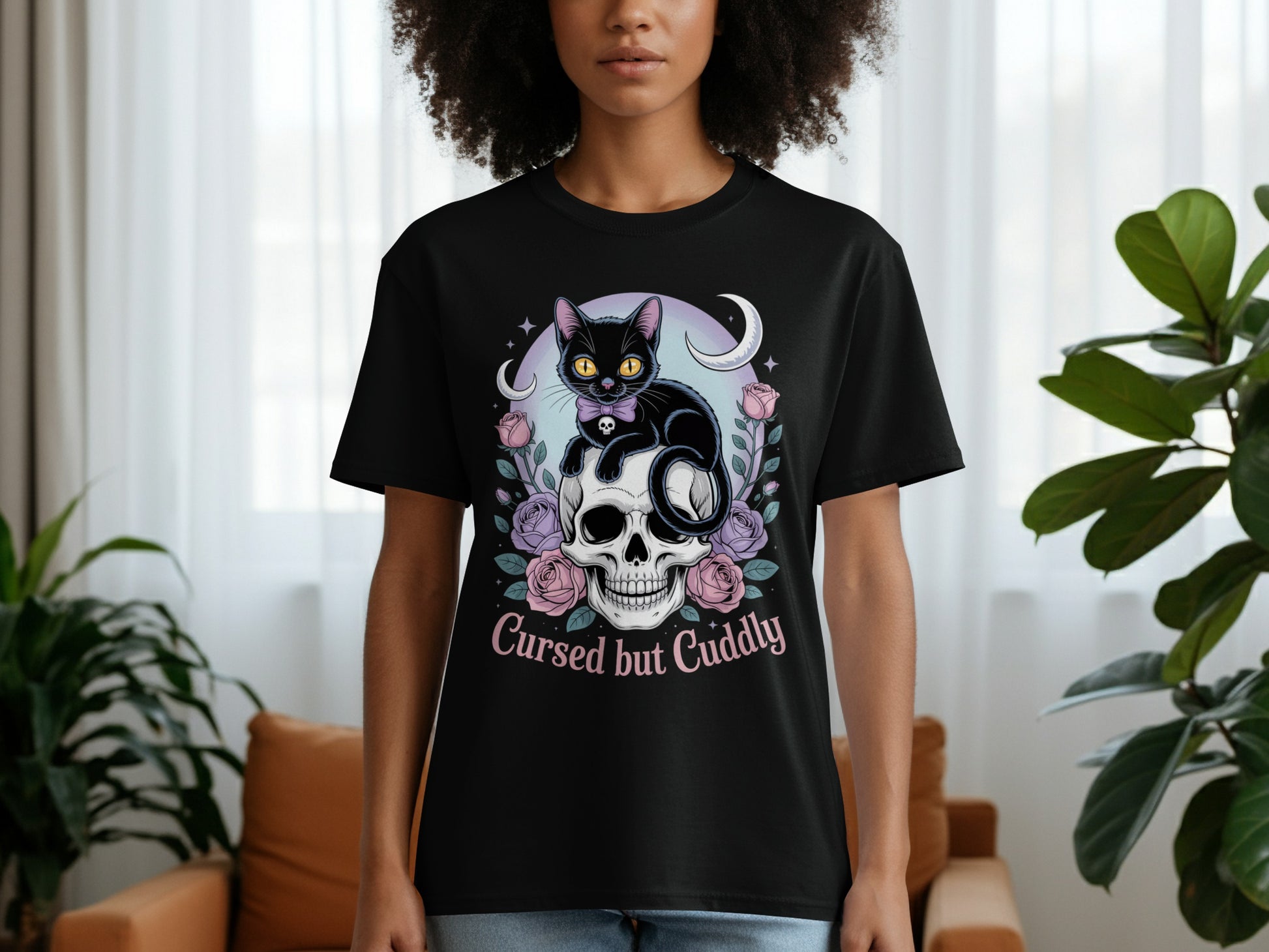 Cursed but Cuddly Skull and Cat Graphic T-Shirt product