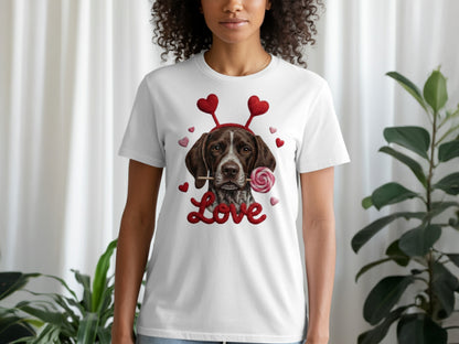 Valentine German Shorthaired Pointer T-Shirt, Heart Antler, Love Lollipop, Cute Puppy Tee, Valentine's Day Gift Dog Lover