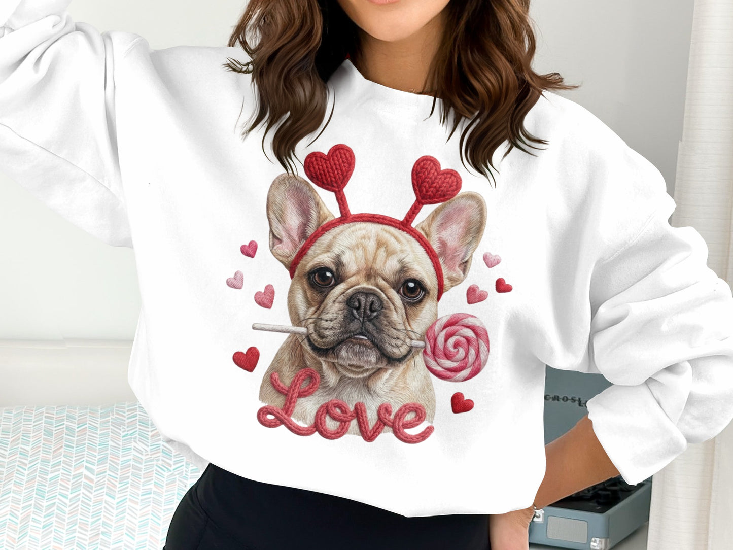 French Bulldog Valentines T-Shirt, Dog Love T-Shirt, Heart Headband Tee, Valentines Gift T-Shirt, Cute Dog Lover T-Shirt, Candy T-Shirt