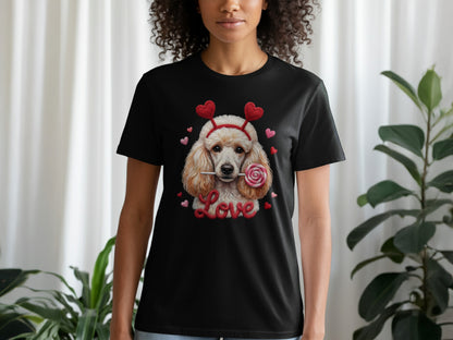 Valentine Poodle T-Shirt, Cute Dog Tee, Love Heart Headband, Candy Gift, Unique Dog Lover T-Shirt, Valentine's Day Gift T-Shirt