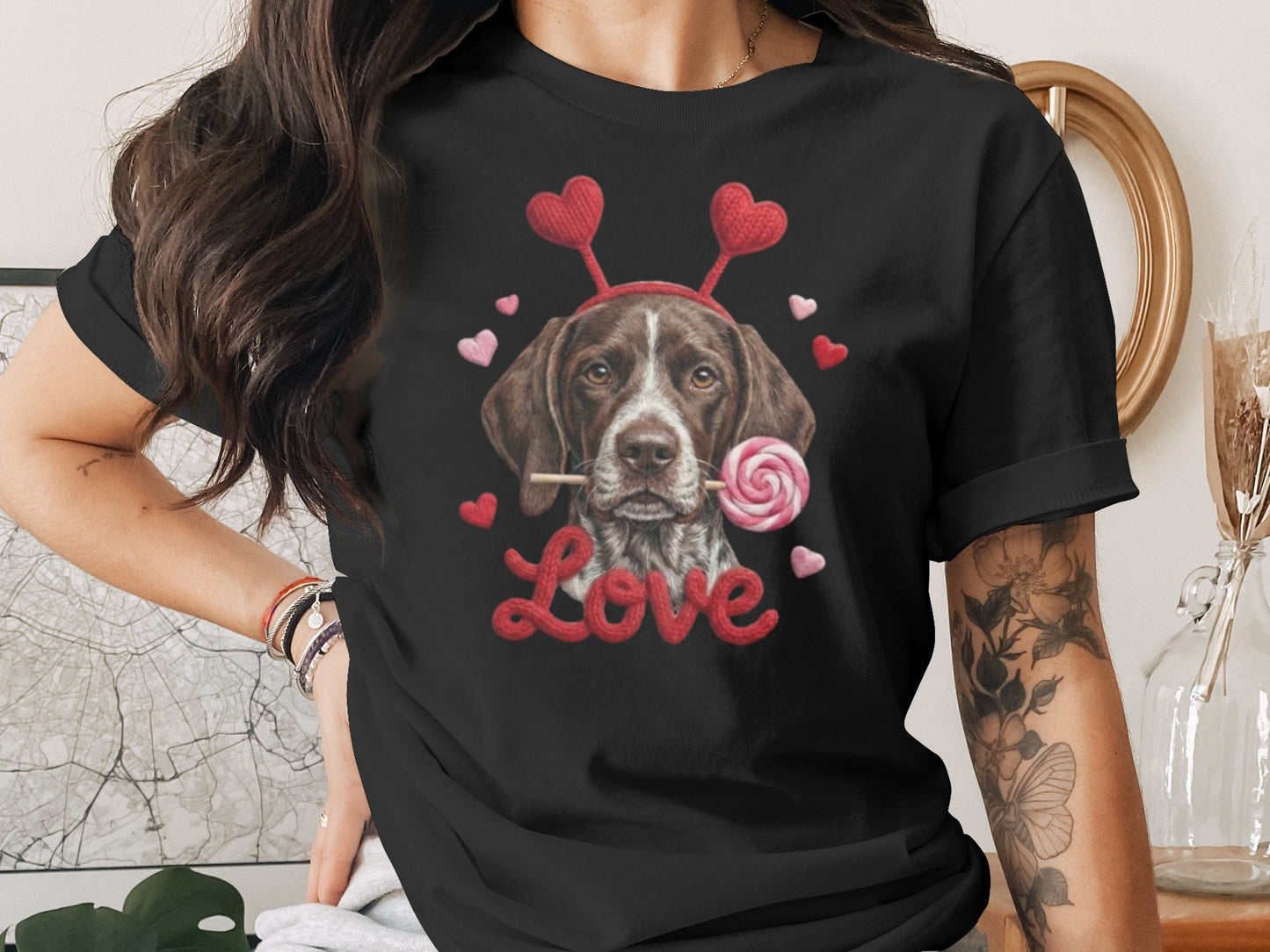 Valentine German Shorthaired Pointer T-Shirt, Heart Antler, Love Lollipop, Cute Puppy Tee, Valentine's Day Gift Dog Lover
