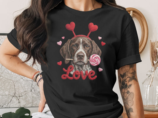 Valentine German Shorthaired Pointer T-Shirt, Heart Antler, Love Lollipop, Cute Puppy Tee, Valentine's Day Gift Dog Lover