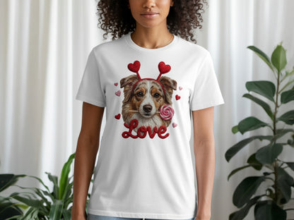 Valentine Australian Shepherd T Shirt, Cute Dog Tee, Heart Headband Dog, Love Lollipop Shirt, Pet Lover Gift, Dog Lover Gift, Puppy T-Shirt