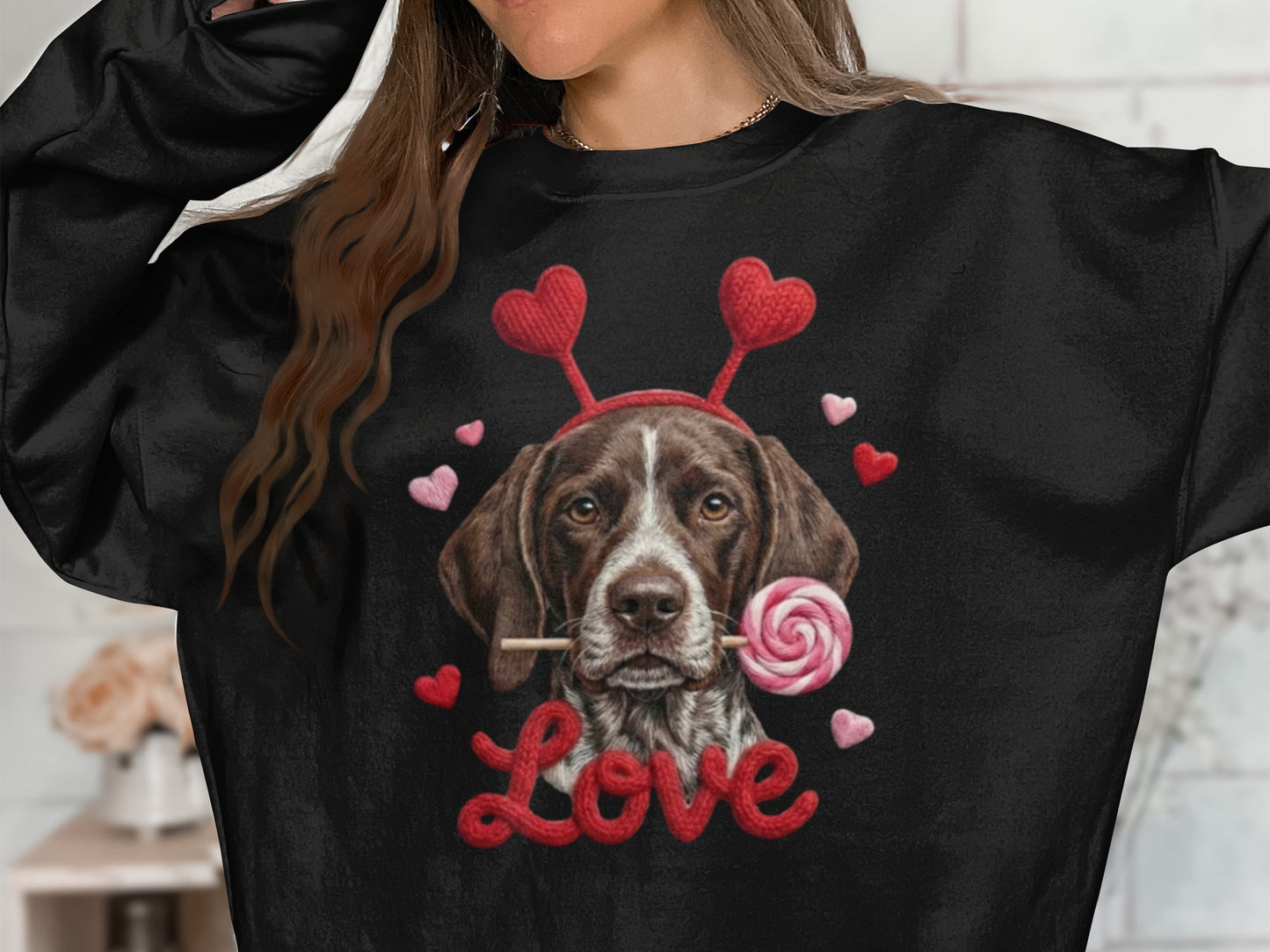 Valentine German Shorthaired Pointer T-Shirt, Heart Antler, Love Lollipop, Cute Puppy Tee, Valentine's Day Gift Dog Lover