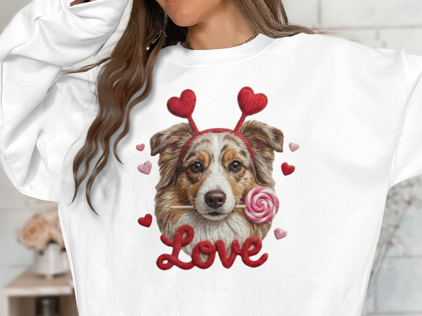 Valentine Australian Shepherd T Shirt, Cute Dog Tee, Heart Headband Dog, Love Lollipop Shirt, Pet Lover Gift, Dog Lover Gift, Puppy T-Shirt