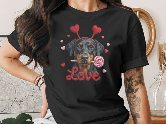 Valentine Doberman Pinscher T-Shirt, Love Dog Tee, Heart Headband Puppy Shirt, Valentines Day Gift, Cute Pet Lover Apparel, Rottweiler Gifts