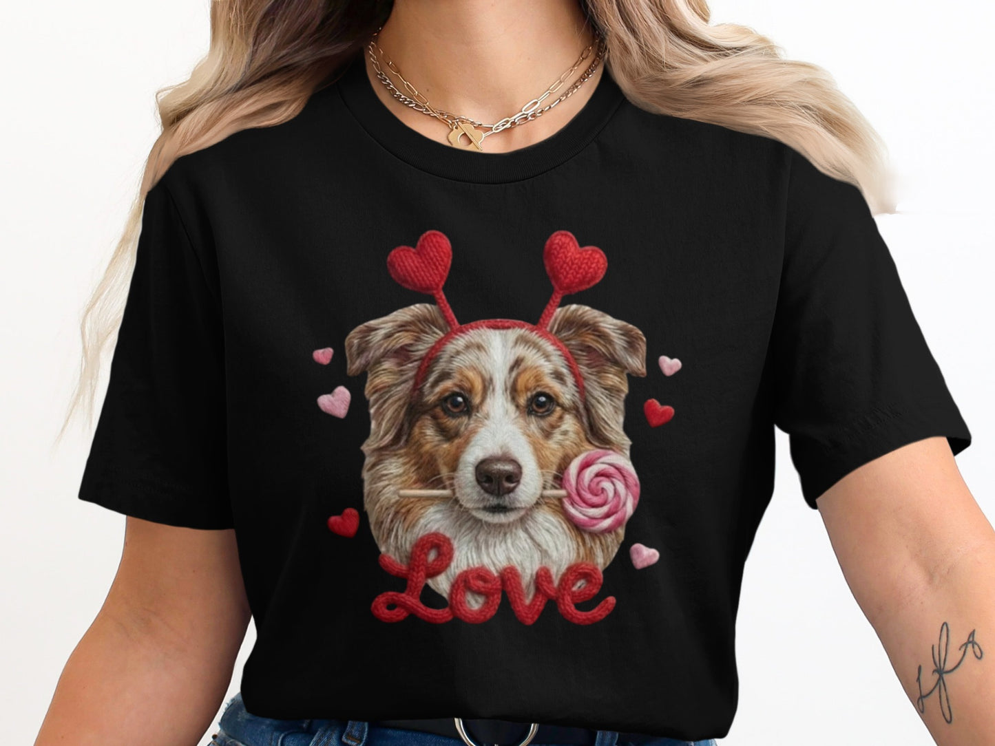 Valentine Australian Shepherd T Shirt, Cute Dog Tee, Heart Headband Dog, Love Lollipop Shirt, Pet Lover Gift, Dog Lover Gift, Puppy T-Shirt