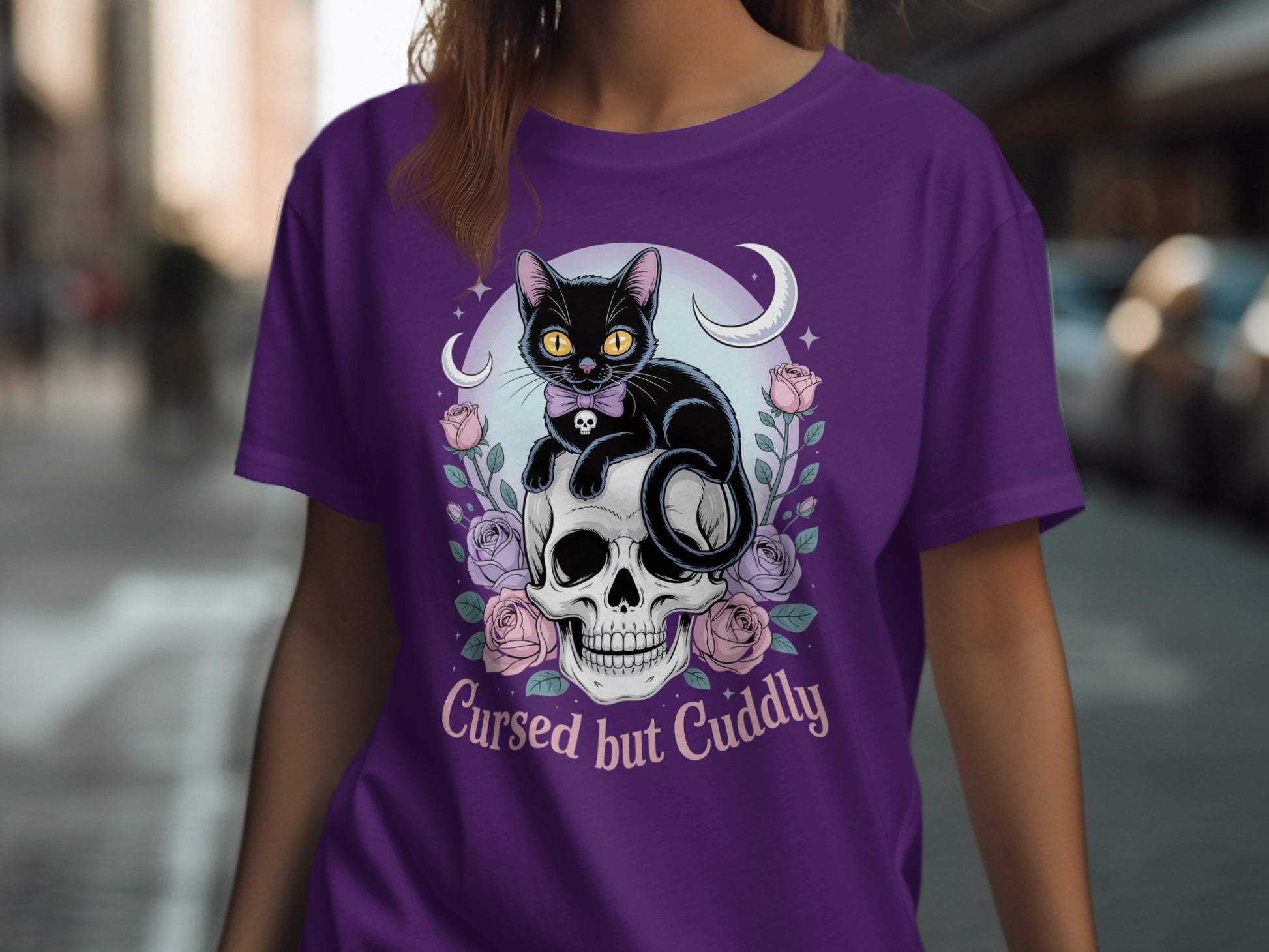 Cursed but Cuddly Skull Design Purple T-Shirt product