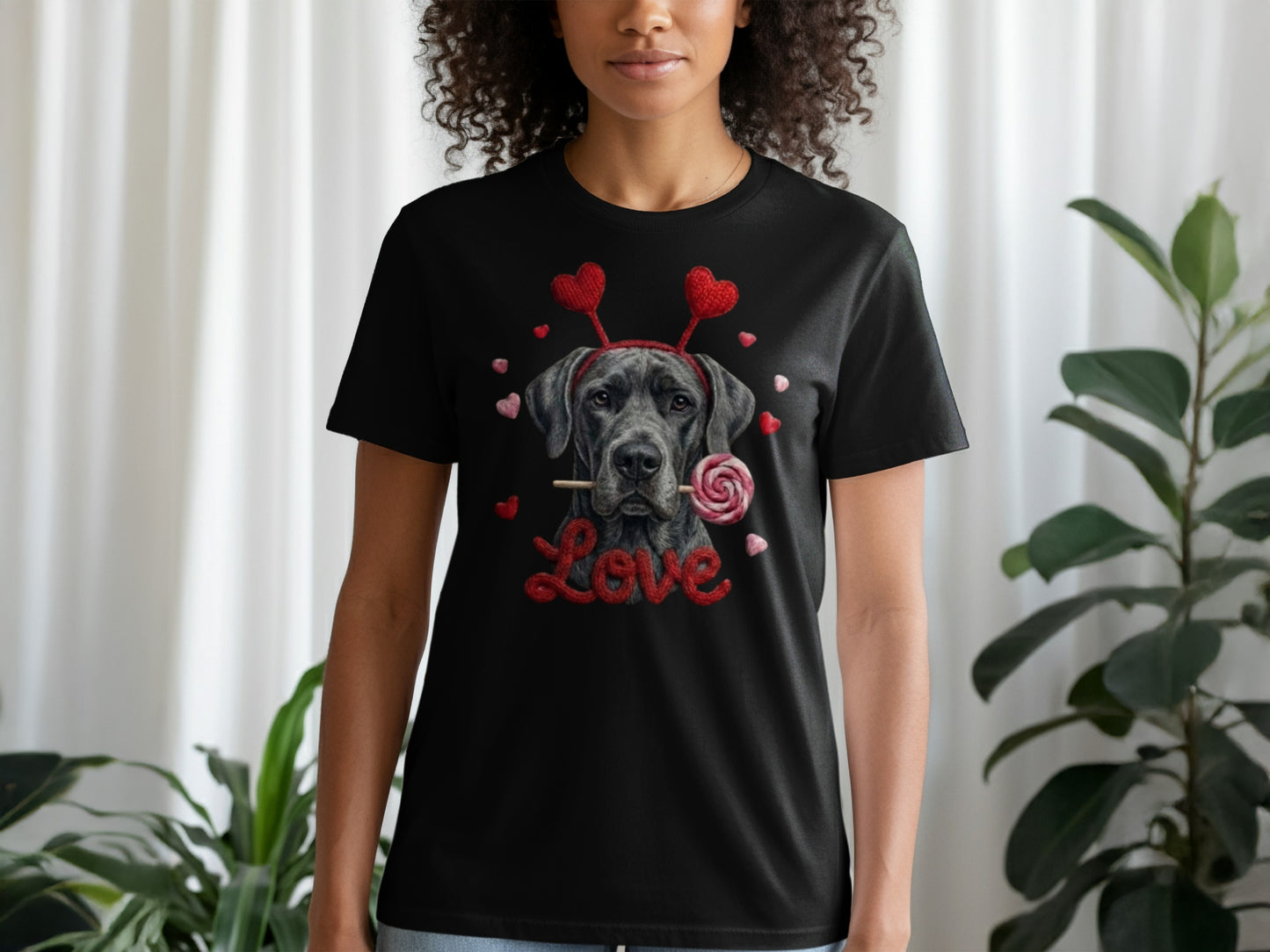 Valentine's Day Great Dane T-Shirt, Cute Dog with Hearts, Dog Lover Gift, Holiday T-Shirt, Sweet Canine Tee, Pet Lover Apparel