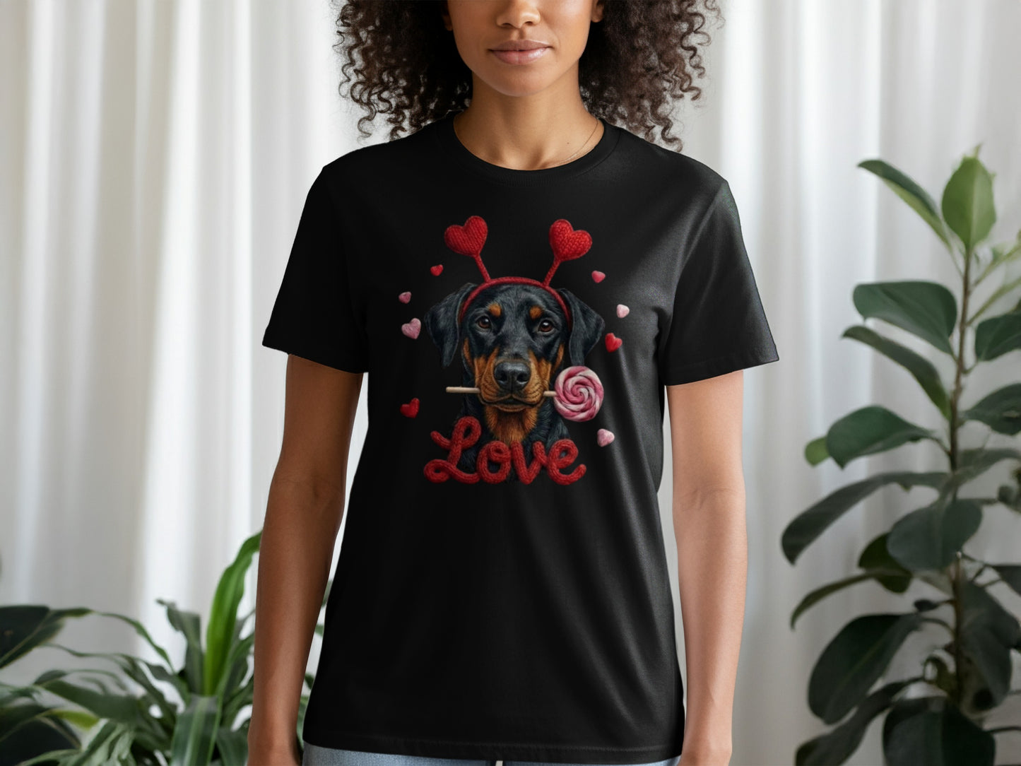 Valentine Doberman Pinscher T-Shirt, Love Dog Tee, Heart Headband Puppy Shirt, Valentines Day Gift, Cute Pet Lover Apparel, Rottweiler Gifts
