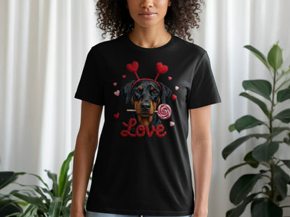 Valentine Doberman Pinscher T-Shirt, Love Dog Tee, Heart Headband Puppy Shirt, Valentines Day Gift, Cute Pet Lover Apparel, Rottweiler Gifts