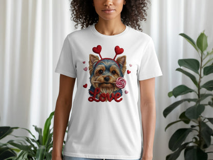 Yorkie Love T-Shirt, Valentine's Day Dog Tee, Heart Headband Pup Shirt, Sweet Dog Shirt, Cute Animal Tee, Yorkie Lover Gift
