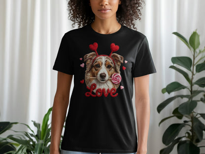 Valentine Australian Shepherd T Shirt, Cute Dog Tee, Heart Headband Dog, Love Lollipop Shirt, Pet Lover Gift, Dog Lover Gift, Puppy T-Shirt