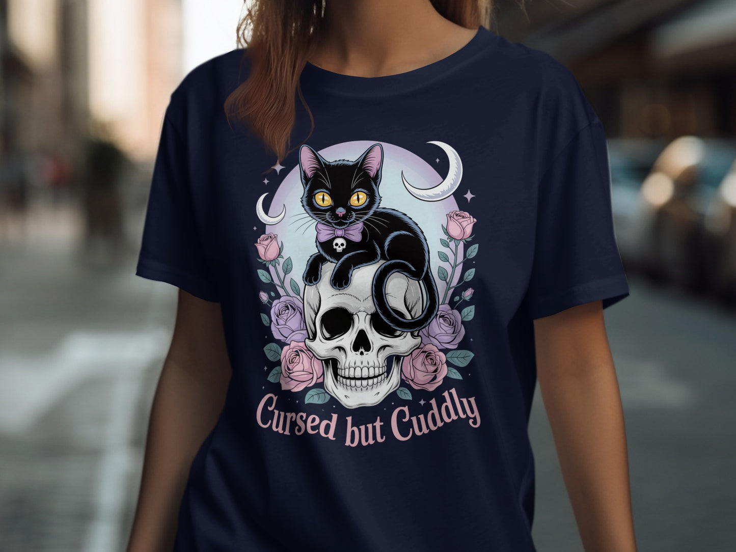 Cursed But Cuddly Black Cat Skull Graphic T-Shirt product