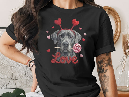 Valentine's Day Great Dane T-Shirt, Cute Dog with Hearts, Dog Lover Gift, Holiday T-Shirt, Sweet Canine Tee, Pet Lover Apparel