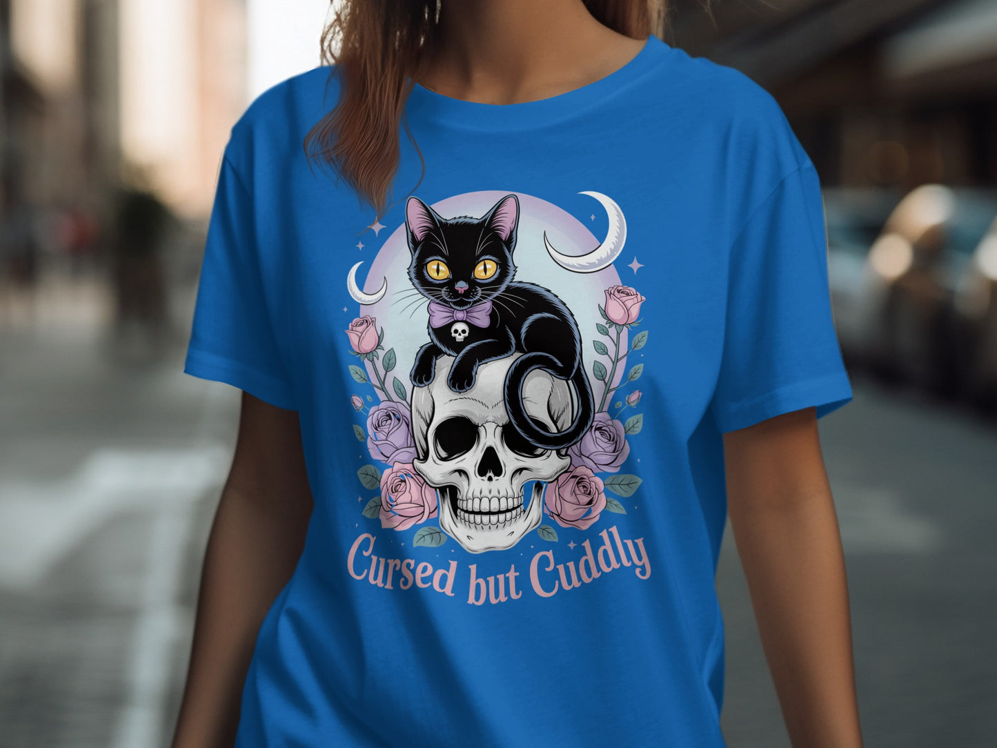 Cursed But Cuddly Cat Sitting on Skull T-shirt product