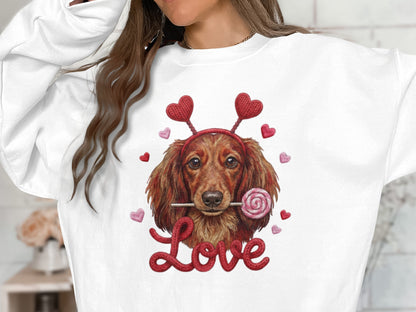 Valentine Dachshund T-Shirt, Love Dog Shirt, Puppy with Hearts, Sweet Candy Tee, Cute Pet Apparel, Dog Lover Gift, Valentine Gift
