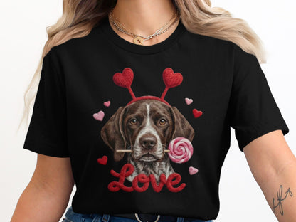 Valentine German Shorthaired Pointer T-Shirt, Heart Antler, Love Lollipop, Cute Puppy Tee, Valentine's Day Gift Dog Lover
