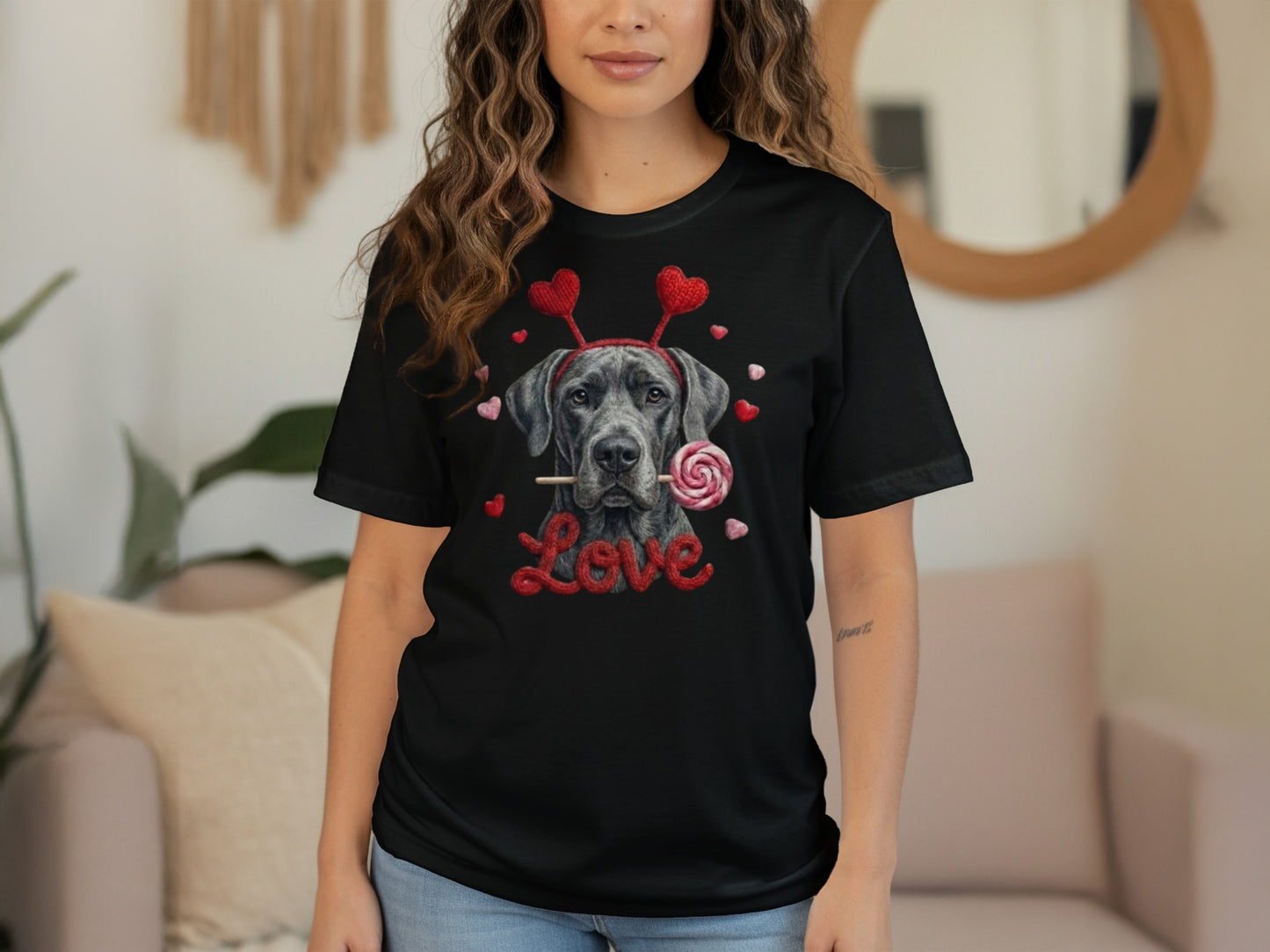 Valentine's Day Great Dane T-Shirt, Cute Dog with Hearts, Dog Lover Gift, Holiday T-Shirt, Sweet Canine Tee, Pet Lover Apparel