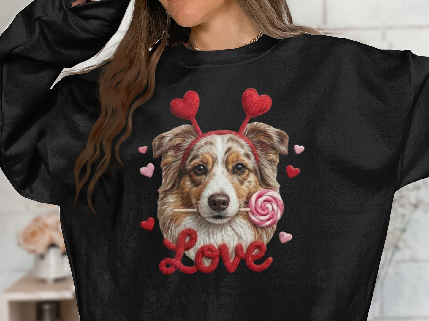 Valentine Australian Shepherd T Shirt, Cute Dog Tee, Heart Headband Dog, Love Lollipop Shirt, Pet Lover Gift, Dog Lover Gift, Puppy T-Shirt