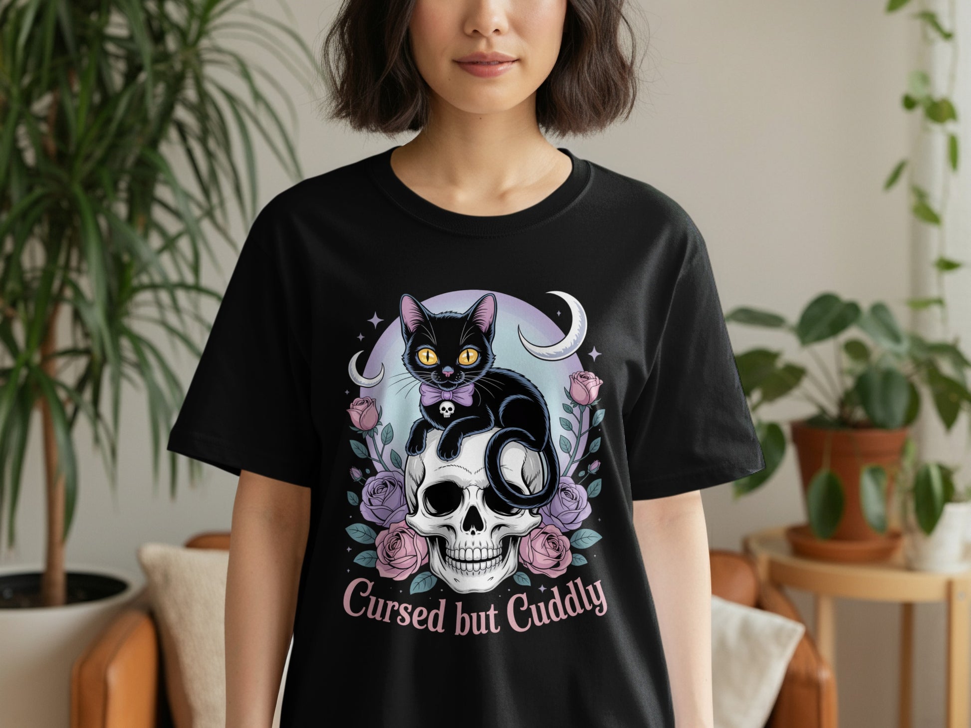 Cursed but Cuddly Skull Cat Graphic T-Shirt product type