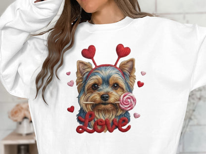 Yorkie Love T-Shirt, Valentine's Day Dog Tee, Heart Headband Pup Shirt, Sweet Dog Shirt, Cute Animal Tee, Yorkie Lover Gift