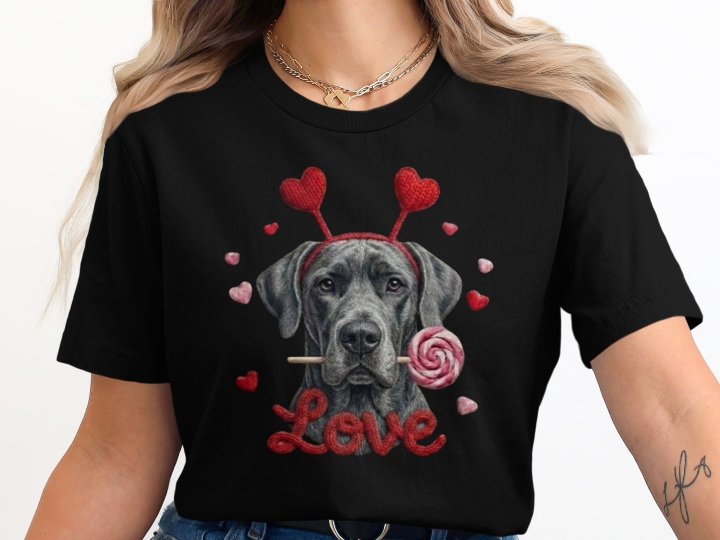 Valentine's Day Great Dane T-Shirt, Cute Dog with Hearts, Dog Lover Gift, Holiday T-Shirt, Sweet Canine Tee, Pet Lover Apparel