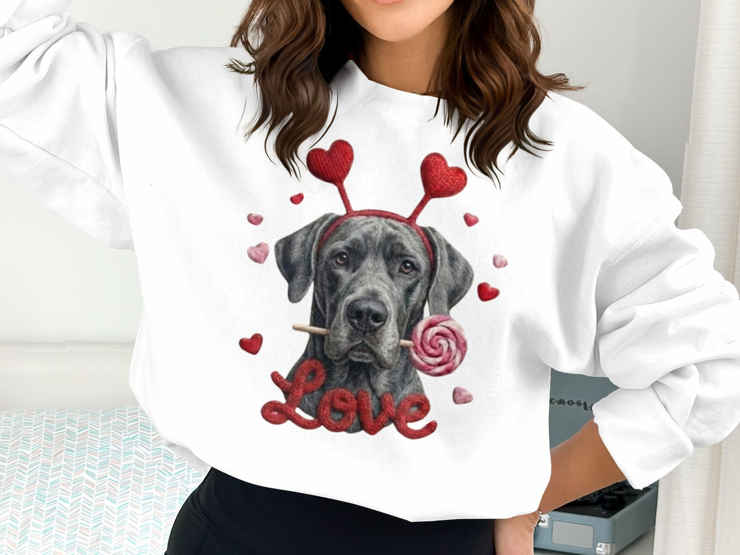Valentine's Day Great Dane T-Shirt, Cute Dog with Hearts, Dog Lover Gift, Holiday T-Shirt, Sweet Canine Tee, Pet Lover Apparel