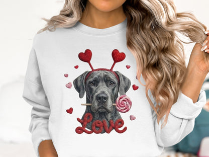 Valentine's Day Great Dane T-Shirt, Cute Dog with Hearts, Dog Lover Gift, Holiday T-Shirt, Sweet Canine Tee, Pet Lover Apparel