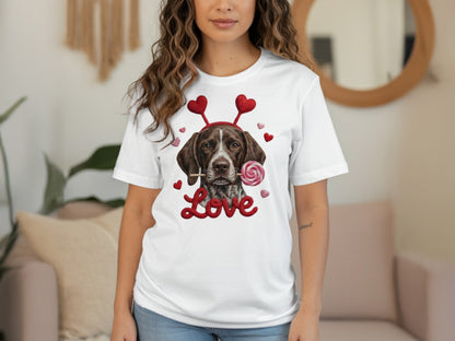 Valentine German Shorthaired Pointer T-Shirt, Heart Antler, Love Lollipop, Cute Puppy Tee, Valentine's Day Gift Dog Lover