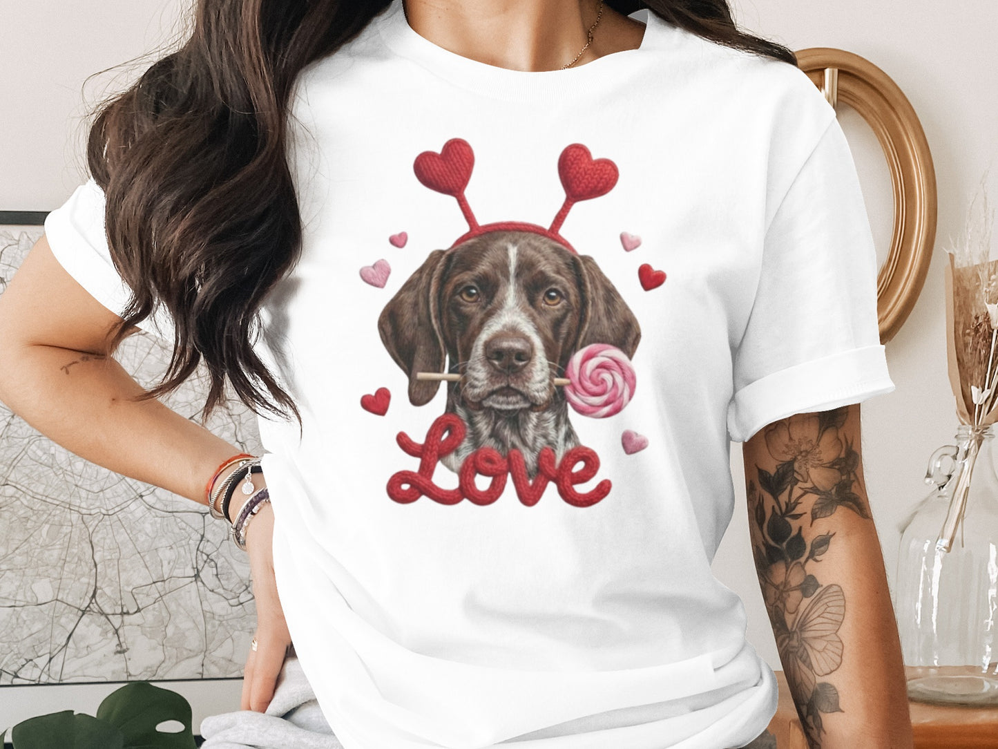 Valentine German Shorthaired Pointer T-Shirt, Heart Antler, Love Lollipop, Cute Puppy Tee, Valentine's Day Gift Dog Lover