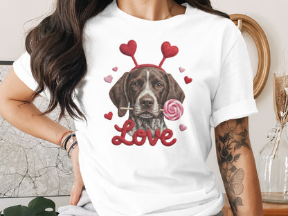 Valentine German Shorthaired Pointer T-Shirt, Heart Antler, Love Lollipop, Cute Puppy Tee, Valentine's Day Gift Dog Lover