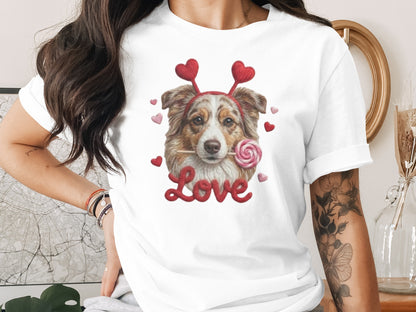 Valentine Australian Shepherd T Shirt, Cute Dog Tee, Heart Headband Dog, Love Lollipop Shirt, Pet Lover Gift, Dog Lover Gift, Puppy T-Shirt