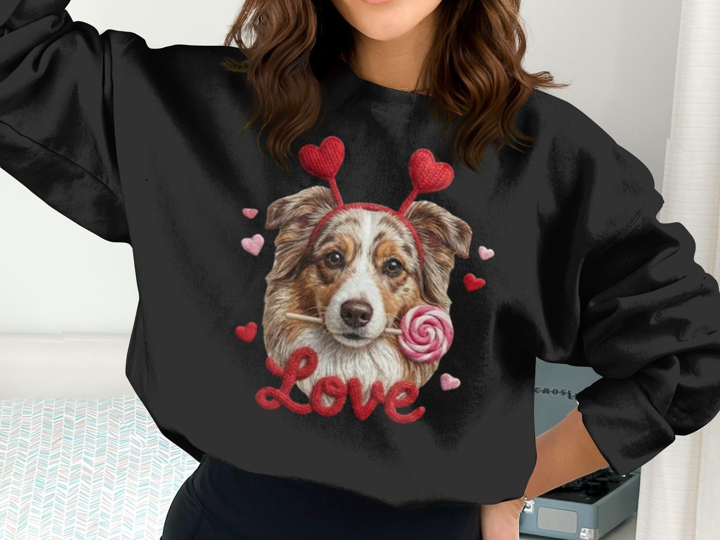 Valentine Australian Shepherd T Shirt, Cute Dog Tee, Heart Headband Dog, Love Lollipop Shirt, Pet Lover Gift, Dog Lover Gift, Puppy T-Shirt