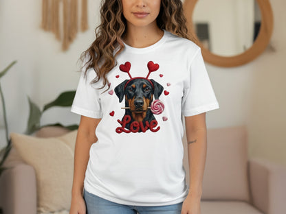 Valentine Doberman Pinscher T-Shirt, Love Dog Tee, Heart Headband Puppy Shirt, Valentines Day Gift, Cute Pet Lover Apparel, Rottweiler Gifts
